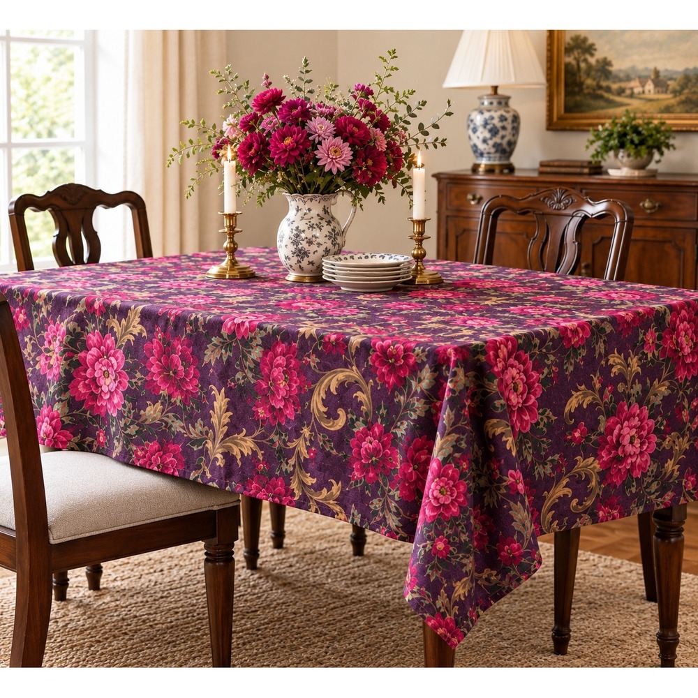 Ralph Lauren JILLIAN Rectangle 64"X 116" Tablecloth Plum Floral Scroll No Tag